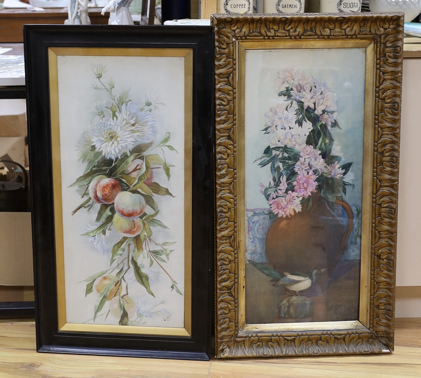 Gwyneth Jones, watercolour, Woodland blossoms, and a similar watercolour by Vera Morgan, both signed, largest 75 x 32cm